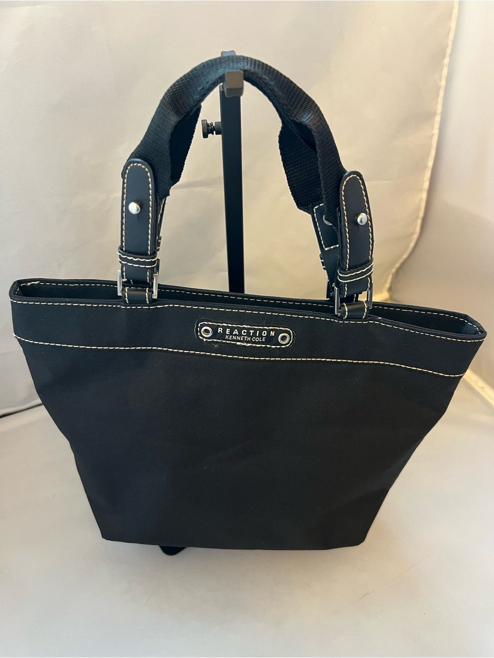Reaction Kenneth Cole Black Canvas Tote with White Contrast Stitching